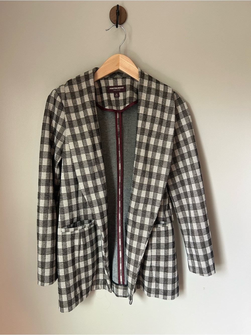 Johnston & Murphy Plaid Open Front Blazer Jacket XS Brown Cream